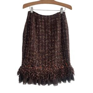 Lafayette 148 New York Brown Tweed Sequin Beaded Fringe Ruffle Skirt Size 2